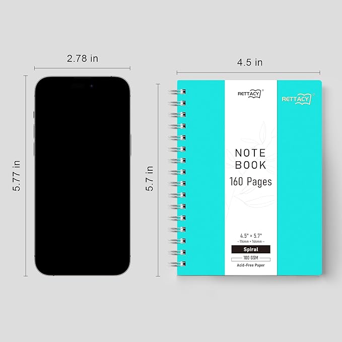 RETTACY Pocket Journal Notebook, 160 Lined Pages, A6 Mini Small Size (4.5" × 5.7"), for Work, Journaling, Writing, 100 GSM Thick Paper, Spiral-bound, Flexible Plastic Cover (Tiffani Blue)