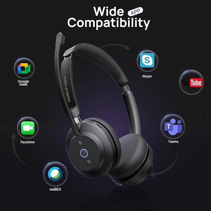 Wireless Headset, Bluetooth Headphones & 2.4G USB Dongle with Noise Cancelling Mic, Mute Button - for PC, Laptop, Call Center, Home Office, Zoom, Teams Meeting