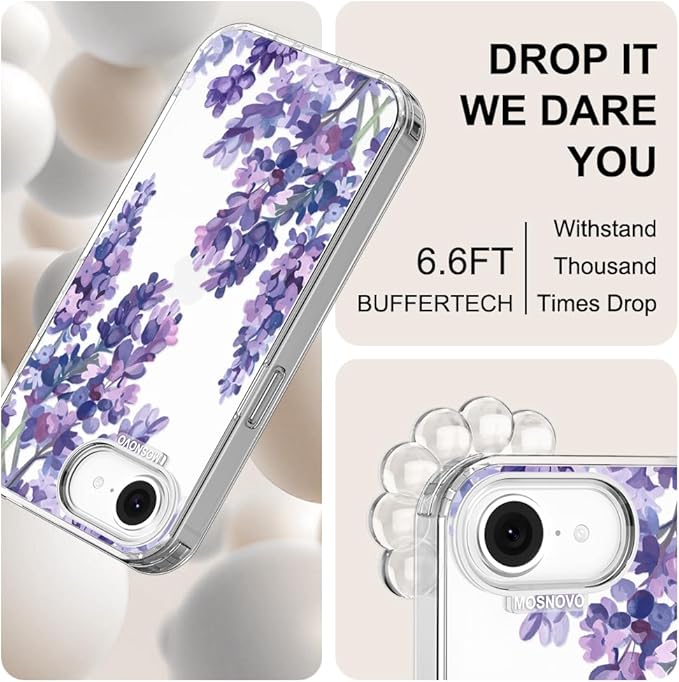 MOSNOVO Case for iPhone 16e, [Buffertech 6.6ft Military-Grade Drop Protection] [Anti Peel Off Tech] Clear TPU Bumper Phone Case Cover Design - Lavender
