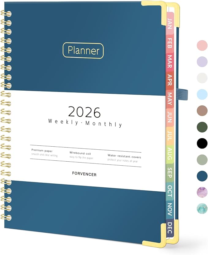 Forvencer 2026 Planner, Hardcover Calendar Planner Weekly and Monthly, January 2026 - December 2026, 6" x 8", Spiral Agenda Book with Tabs, Exquisite Daily Journal with Inner Pocket, Organizer Notebook for Office Home School, A5 Size, Navy Blue
