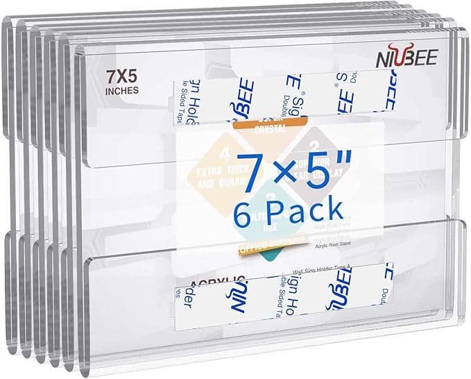 NIUBEE 5x7 inch Wall Mount Acrylic Sign Holder with Double Sided Tape Adhesive for Office, Home, Store, Restaurant, No Drilling - Horizontal (6 Pack)