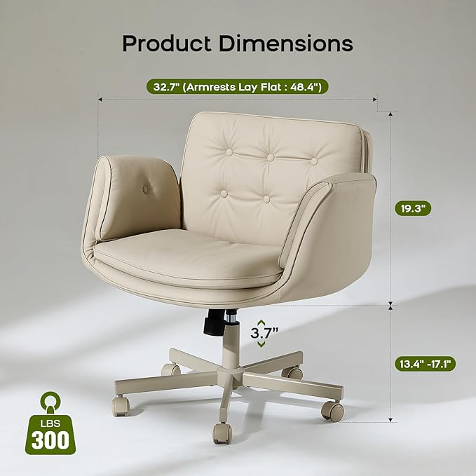 Criss Cross Chair with Armrests & Wheels, PU Leather Vanity Chair, Comfortable Adjustable Swivel Computer Office Desk Chairs for Home, Make Up, Bed Room (Cream White)
