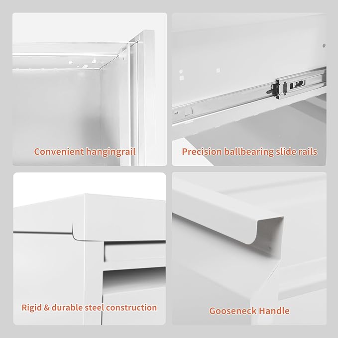 4 Drawer Locking File Cabinet with Wheels,White Metal Mobile Filing Cabinets,Vertical File Cabinet for Home Office,Heavy Duty Rolling Storage Cabinet for A4/Letter/Legal Size,Assembly Required