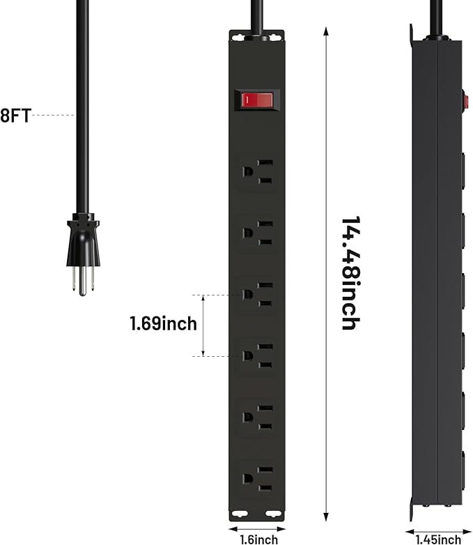 6 Outlet Heavy Duty Power Strip with Long Power Cord,Mountable Power Strip Without Surge Protector for Garage,Industrial,School and Home,15A 125V 1875W,ETL Approved and Listed,Black (8FT)