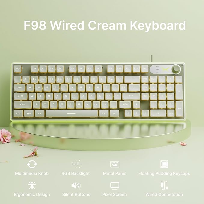EWEADN F98 Wired Keyboard with Smart Display & Knob,98 Keys Aesthetic Computer Keyboards,Metal Panel,Cute Wired Cream Membrane Keyboard for Windows/PC-Green