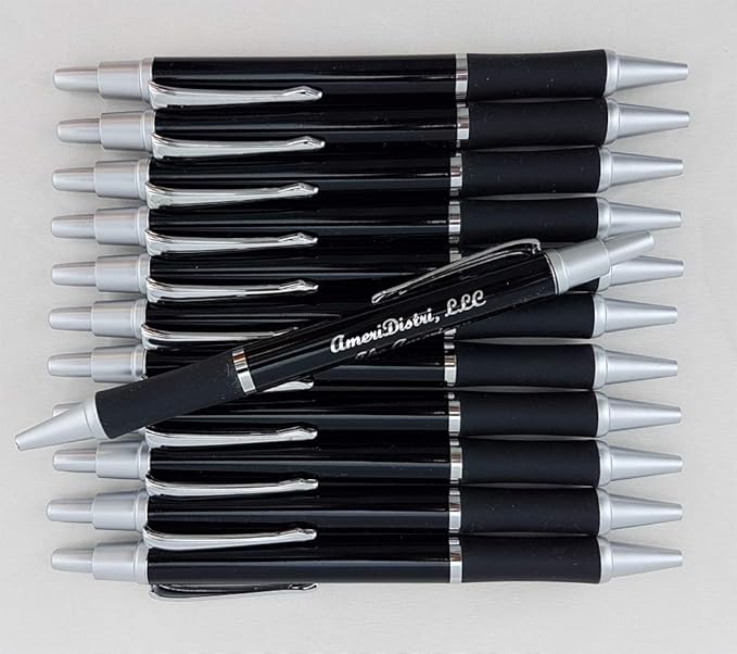 ezpencils - Personalized - Elegant Tip and Click Silver Accents on Black Solid Color Body and Black Grip - Bullet Ballpoint Pens - 12 pkg - ** FREE PERZONALIZATION **