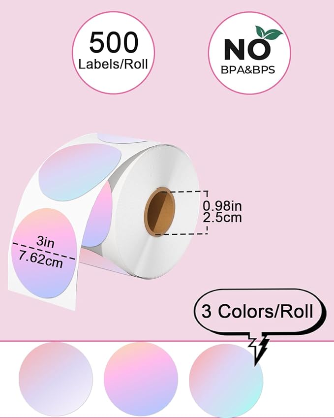 3 inch Round Thermal Labels, Thermal Printer Labels use for Barcode, Shipping, Customized, Circle Direct Thermal Stickers 500 Labels for Printer, 3 Color