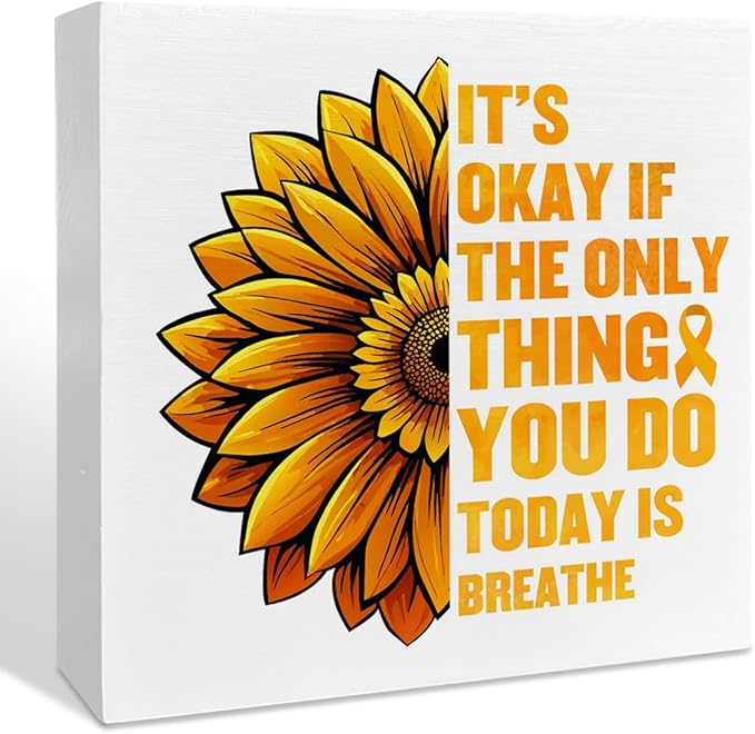 Therapy Office Desk Wooden Box Sign Decor, Suicide Prevention Sunflower Wood Box Sign Decorations for School Psychologist Therapy Office, Gifts for Therapist Psychologist School Counselor, It's Okay