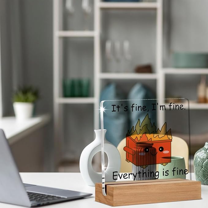 Dumpster Fire Desk Accessories Decor, Funny Office Gifts for Women Men Coworkers, I'm Fine Everything is Fine, Cute Orange Dumpster Desk Signs Plaque