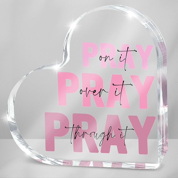 Pink Christian Gifts for Women, Pink Bedroom Decor, Pray on it Pray over it Pray through it Acrylic Sign Decorative for Home Pastor Farmhouse Living Room Church Table Desk bookshelf Decoration