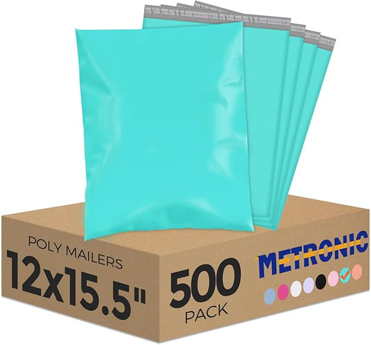 Metronic Poly Mailers 12x15.5" 500 Pack Shipping Bags, Strong Adhesive Mailing Bags, Waterproof and Tear-Proof Multipurpose Envelopes for Clothing, Small Business,Postal Bags Teal