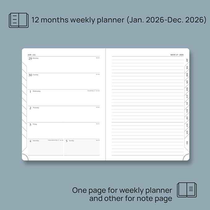 POPRUN Weekly Planner 2026 (Medium 6.5" x 8.5") Calendar 12 Months Notebook with Horizontal Layout, Leather Soft Cover, Monthly Tabs, Inner Pocket, 100GSM Thick Paper, Pen Holder - Brown