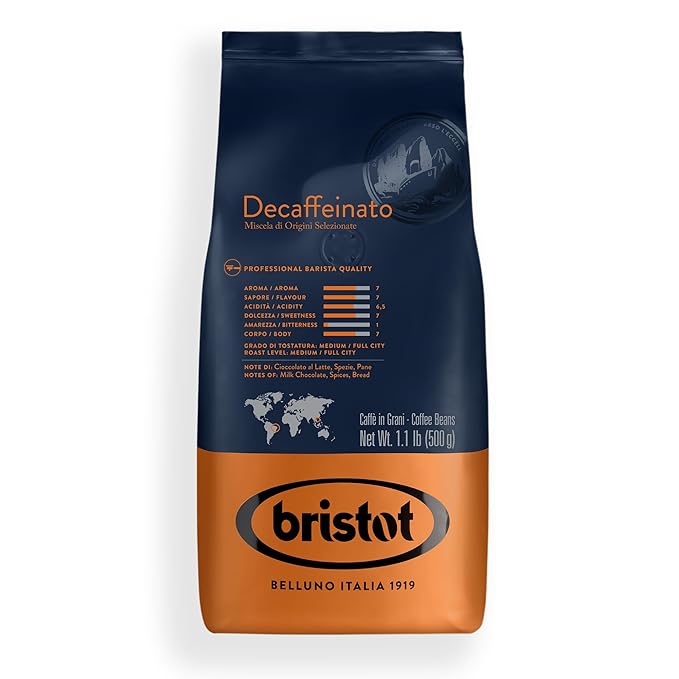 Bristot Decaf Italian Coffee Beans – Medium Roast Whole Espresso Beans – Smooth & Rich Flavor – 1.1 lb (500g) Bag – Roasted in Italy