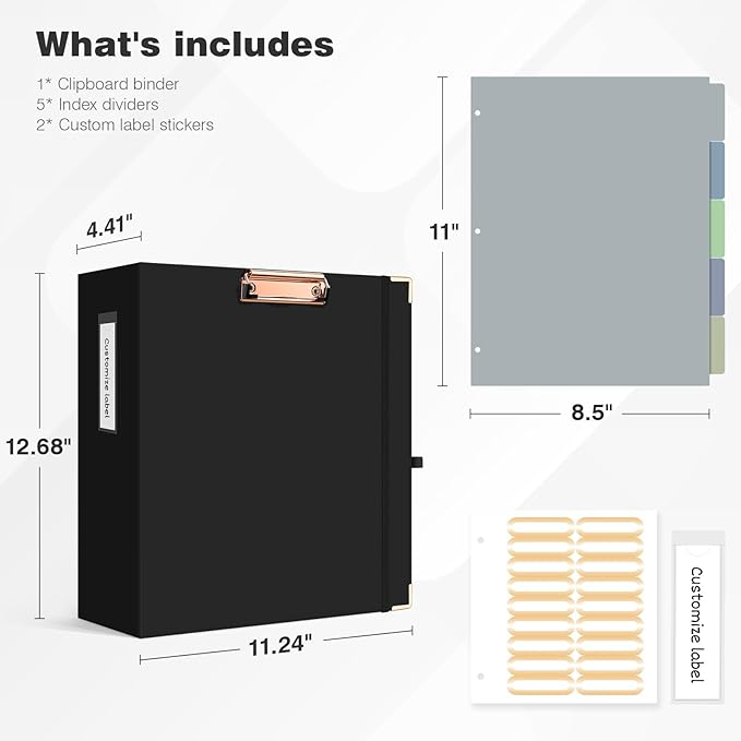Ospelelf 3 Ring Binder, 3 Inch, Cute Letter Size (11" x 8.5") with 5 Tab Dividers, File Folder Labels and Low Profile Clipboards, Black Binder for School and Office Supplies
