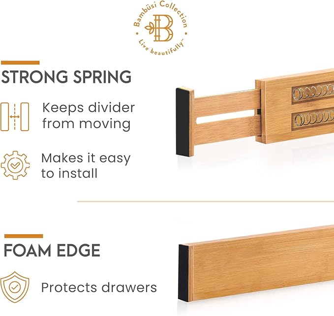 Bambüsi 4 Pack Drawer Divider - Bamboo 2.6" High, 12.5-17" Adjustable Drawer Organizers for Clothes, Expandable Dresser Separators in Bedroom/Bathroom/Kitchen/Office Organization and Storage