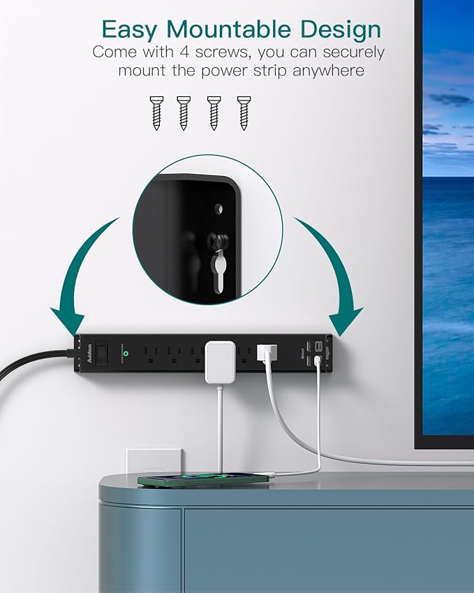 Flat Plug Extension Cord, Addtam 5Ft Surge Protector Power Strip with 6 AC Outlets 4 USB, Wall Mount, Desk Charging Station for Office School College Dorm Room Essentials, ETL Listed