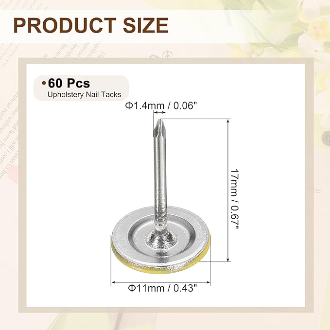 uxcell 60Pcs Upholstery Tacks, 11mmx17mm Flat Head Thumb Tack Decorative Furniture Nails Push Pins for Furniture Sofa Headboards, Yellow