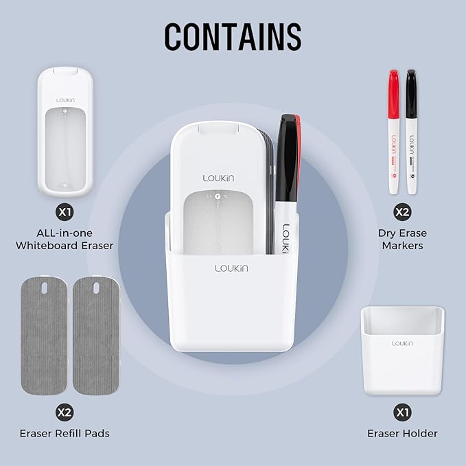 loukin Inventive All-in-One Dry Erase Eraser, Novel Replaceable Whiteboard Eraser with Built-in Cleaner, Unique Glass Board Erasers, Includes 2 Refill Pads, 1 Magnetic Holder, 2 Markers