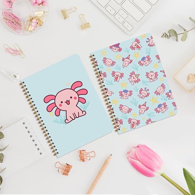 2 Pcs Axolotl Spiral Notebooks for Work, A5(8.3x5.8inch) Composition Notebook College Ruled Note Book, Cute Animal Hardcover Notepads Diary Lined Travel Journal for Writing, Axolotl Gifts for Women