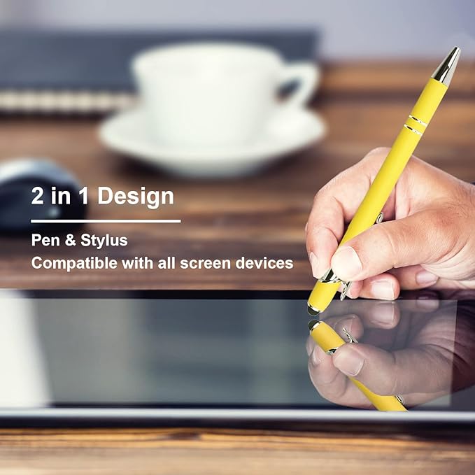 Ballpoint Pen with Stylus Tip, Soft Touch Click Metal Pen, 1.0mm Medium Point, Black Ink, 12 Count(Yellow)