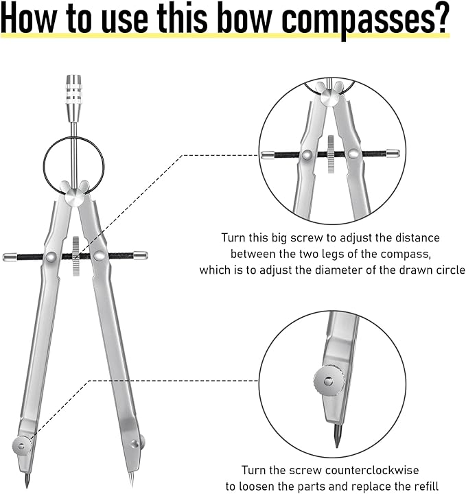 EBOOT Student Geometry Math Set, Drawing Compass and 6 Inch Clear Swing Arm Protractors 180 Degree Math Protractor (Silver)