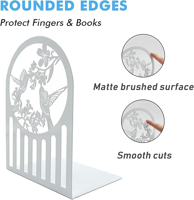 Hummingbird Book Ends, Metal Bookends for Shelves Decorative, Book Stopper for Heavy Books, Bookends for Home, Office, Library, School Use (White)