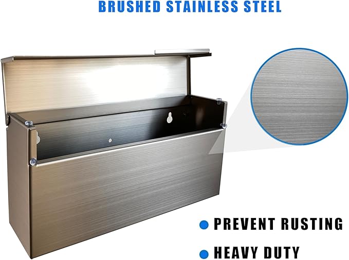 Modern Design Brushed Stainless Steel Mailbox for Walls, Heavy Duty Wall Mounted Mailbox - 14.5'' x 3.75'' x 7.1'' Rust Proof Steel Dropbox with Rainproof Design, Silver