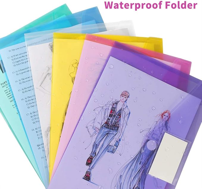 6 Pack Plastic Poly Filing Envelopes, Clear Document Folders US Letter A4 Size File Envelopes with Label Pocket & Paste Button for School Home Work Office Organization, 6 Assorted Color