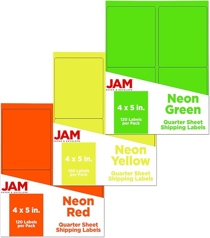 JAM PAPER Shipping Address Labels - 4 x 5 - Quarter Page/Extra Large - Assorted Bright Neon Colors - 360/Pack