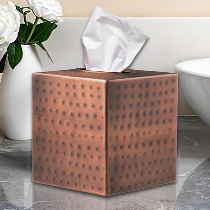 Monarch Abode Tissue Box Cover, Hand Hammered, Metal, Square Tissue Box Holder, Antique Copper Finish