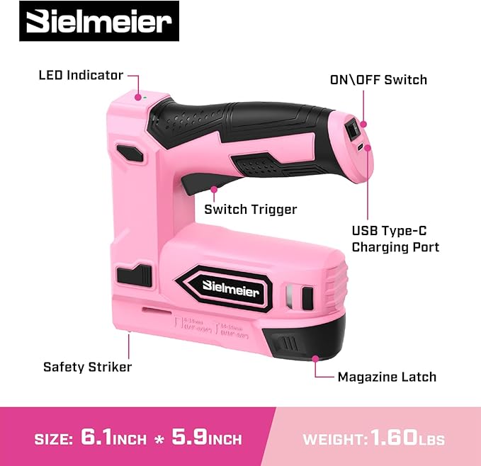 Bielmeier Pink Cordless Staple Gun, 2-in-1 Nail Gun Battery Powered with 2650Pcs Staples and Nails, 4V Brad Nailer Tacker Electric Stapler for Upholstery, Material Repair, Carpentry, Wood, DIY