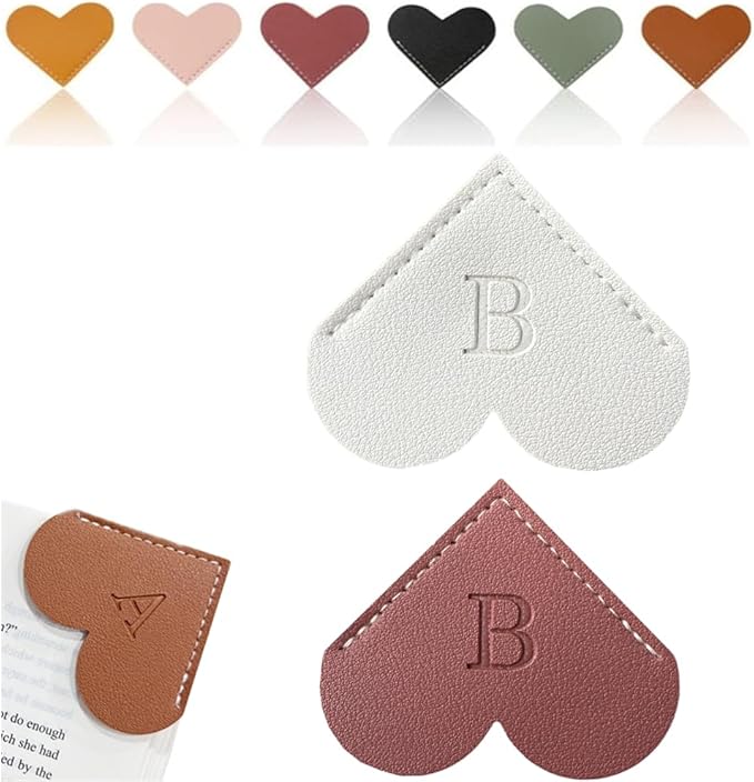 Personalized Leather Heart Bookmark, 26 Letters Customized Corner Book Mark for Reading Women, Book Marker with Initials，Cute Gifts (White+Deep Pink, B)