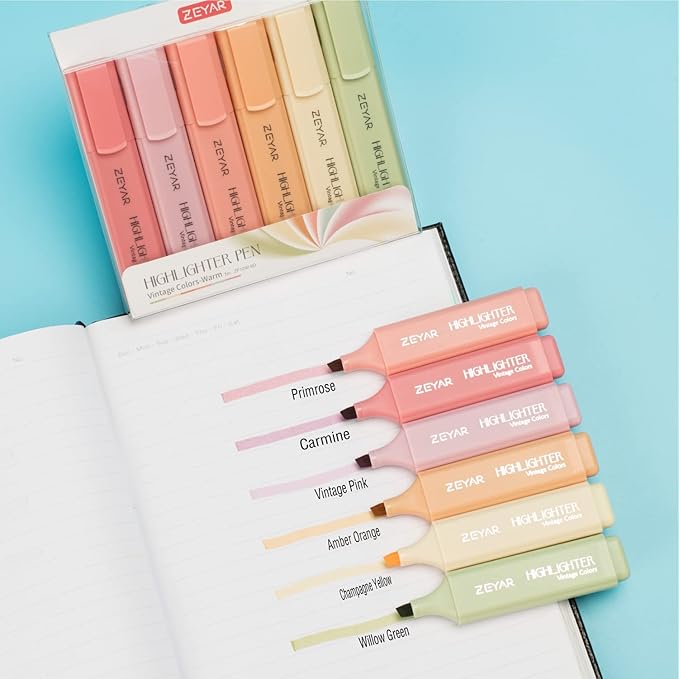 ZEYAR Highlighter Pen, Vintage Colors Chisel Tip Markers, Water Based, Quick Dry, No Bleed, for Bible Study Notes School Office (12 Vintage Colors)