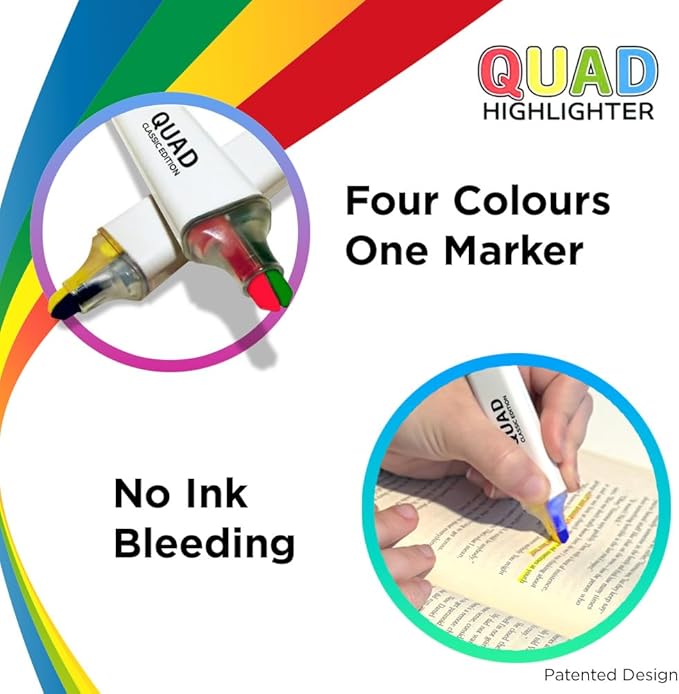 Pikk-it Quad Highlighter - 4 Colours (2 Per Side), Chisel Tip - No Bleed & Quick Dry - Pack of 4