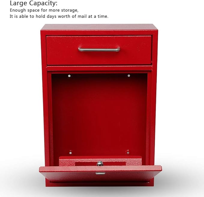KYODOLED Steel Key Lock Mail Boxes Outdoor, Locking Wall Mount Mailbox, Security Key Drop Box, Collection Boxes,16.2H x 11.22L x 4.72W Inches, Red X Large