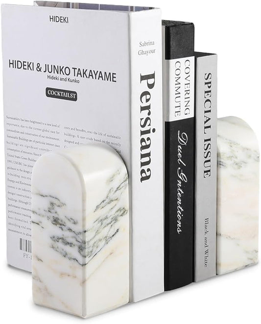 Koville Natural Marble Bookends for Shelves, 7lbs Heavy-Duty Marble Book Holders, Decorative Book Ends, Bookshelf Apartment Decor for Normal Books/CD/Video Games