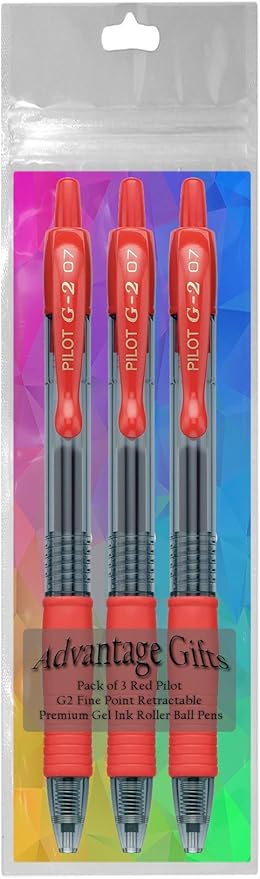 G2 Retractable Premium Gel Ink Roller Ball Pens Fine Point Fine Point (.7mm) Red Ink 3-pk; Refillable & Premium Comfort Grip Bundle with Plastic Reusable Pouch