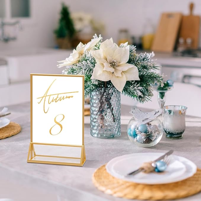 Acrylic Sign Holder 5X7 Gold Picture Frame,Double Sided Clear Display Stand , Table Acrylic Stand for Home Office Shop Restaurant (4pcs)