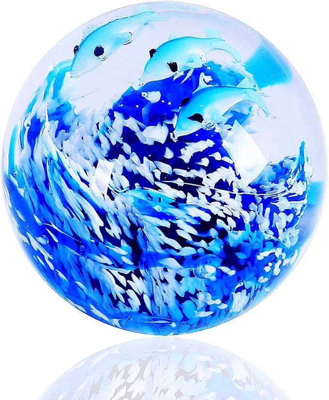 EUSTUMA Hand Blown Glass Dolphin Figurine Ornament,Sea Animal Ornament for Fish Tank Aquarium,Sea Animals Collection for Birthday Gift,Office Paperweight Glass Ball