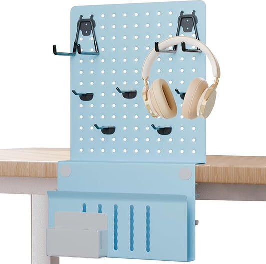Desk Side Storage with Clamp-On Desk Pegboard, Steel Privacy Panel, No-Drill Desk Organizer with Pen Holder, Table-Side Laptop Holder for Office and Home (Blue)