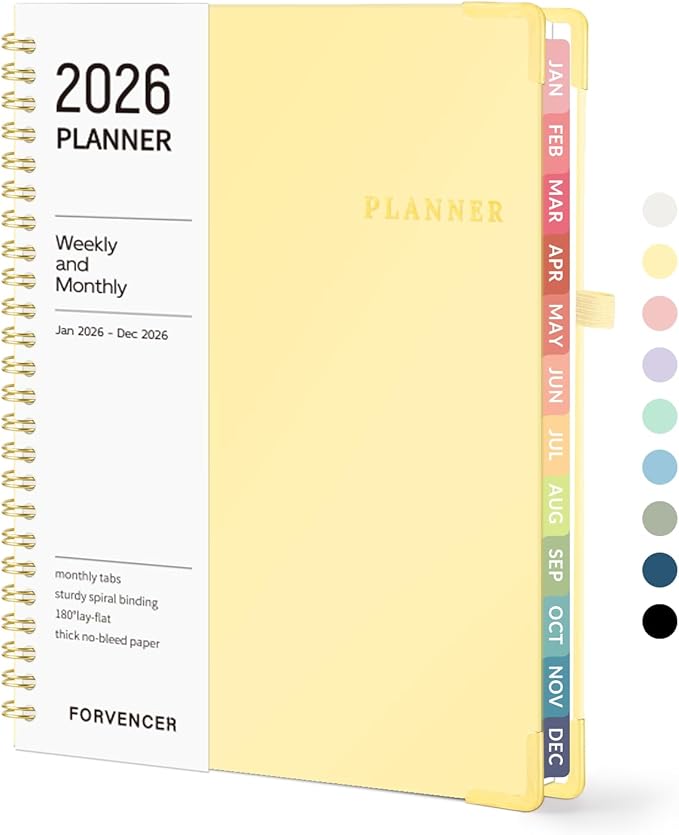 2026 Planner, Forvencer Calendar Planner Weekly and Monthly, January 2026-December 2026, 6" X 8", Hardcover Agenda Book with Tabs, Cute Daily Journal Planning with Inner Pocket, Home College Organizer Notebook for Office School Supplies, A5, Tender Yellow
