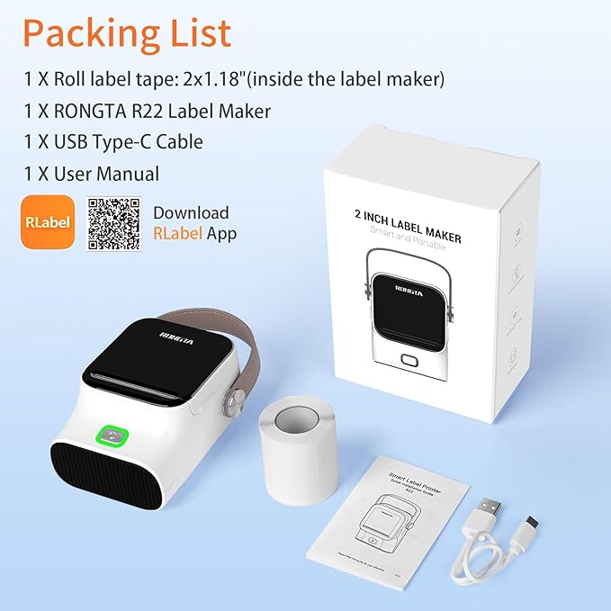 Rongta Bluetooth Label Maker Machine with Tape, Thermal Label Printer for Office, Small Business Essentials, Home Organization, Portable Inkless Sticker Label Maker with 2x1.18 inch Labels-150pcs