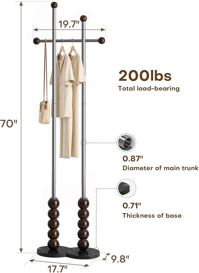 Metal Freestanding Coat Rack with Stainless Steel Double Rods & Marble Base, Hanging Clothes Rack for Entryway, Hallway, Bedroom, Living Room, Steel and Wood