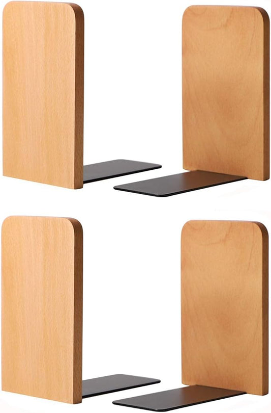Muso Wood Book Ends for Shelves, Non-Slip Bookends, Heavy Duty Wooden Bookend Support for Books and Movies (Beech 2 Pairs)
