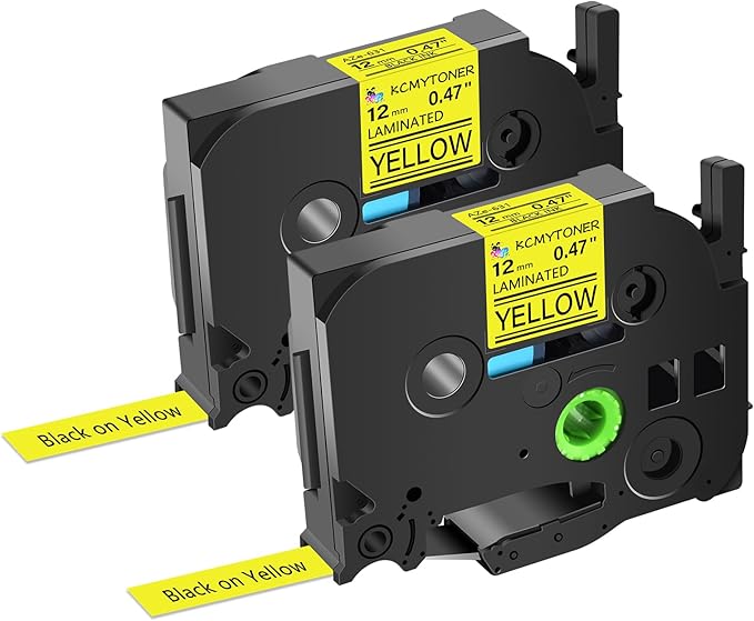 Label Tape Refills Compatible for P-Touch TZ-631 TZe-631 AZE631 Laminated Black on Yellow 1/2 Inch 0.47" 12mm for PT-D200 PTD210 D400 D600 PTH100 H110 PT2730 PTP700 PTP710BT, 2 Pack