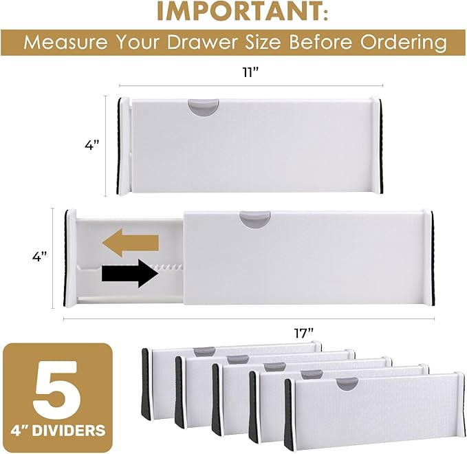 RAPTUROUS Adjustable Drawer Dividers, 4" Tall, Expandable 11-17", 5-Pack, Non-Slip for Dresser, Closet, Kitchen, Nursery, and Office (White)