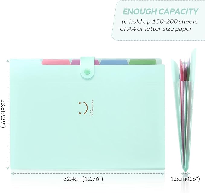 SKYDUE Expanding File Folder with 5 Pockets, Cute Accordion File Organizer, Letter Size Filing Folder, Portable Paper Receipt Organizer, School Office Supplies Green