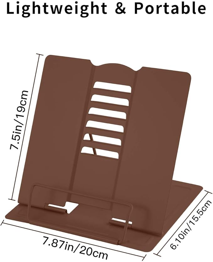 MSDADA Desk Book Stand Metal Reading Rest Book Holder Adjustable Cookbook Documents Holder Portable Sturdy Bookstands for Recipes Textbooks Tablet Music Books with Page Clips (Brown)