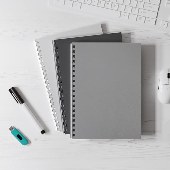 Binditek 50 Pack 16 Mil Leather Textured Polycovers - Binding Presentation Covers for Business Reports and Proposals 8-1/2 x 11 Inches, Grey Color, for Students and Coworkers