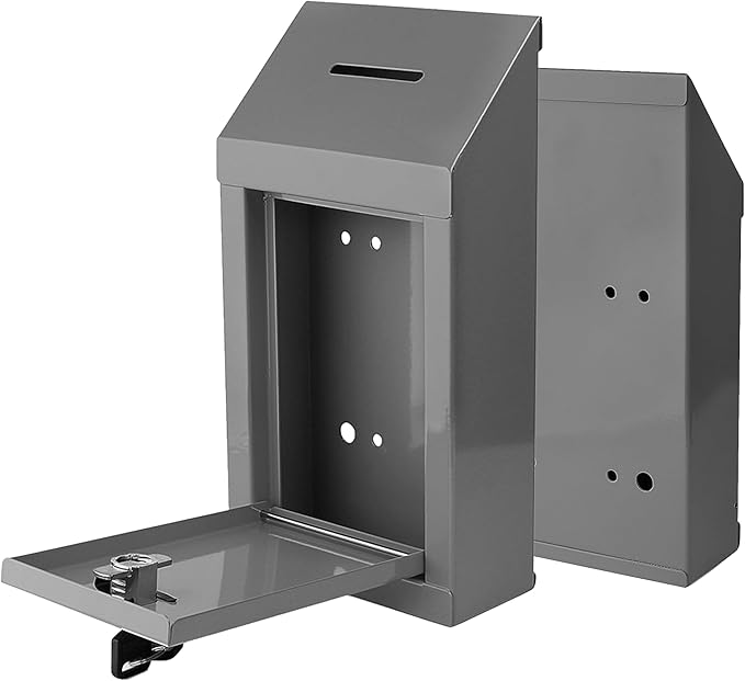 Metal Donation Box-Suggestion Box with Slot and lock-Cash Lock box for Money-Secure Drop Box-Comment and ballot voting box-comes with pre-drilled holes for easy wall mounting 10 X 6 X 2.5"(Grey)
